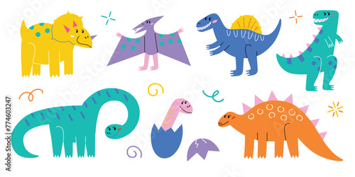 Cute dinosaurs collection, colorful cartoon monsters, vector illustrations of triceratops, tyrannosaurus, diplodocus, funny jurassic reptiles set, wild nature for kids, smiling dino