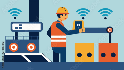 A photograph of a technician installing a Genabled edge computing device on a conveyor system in a manufacturing plant. By deploying this