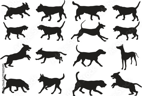 Dog icons for different Breeds.Hunting hound dog silhouettes in editable vector. Foxhound and dogs in multiple poses and positions for designing online games, poster or flyer for media and web.  © munir