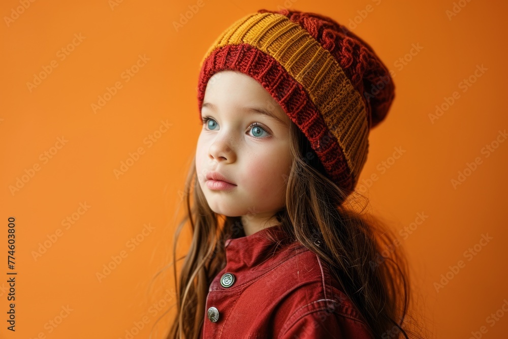 Portrait of a cute little girl in a knitted hat on an orange background Portrait of a cute little girl in a knitted hat on an orange background