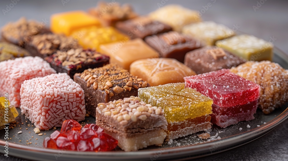 Closeup Sliced turkish delight cubes close-up. National traditional Turkish sweets sprinkled with powdered sugar. Jelly natural bonbons