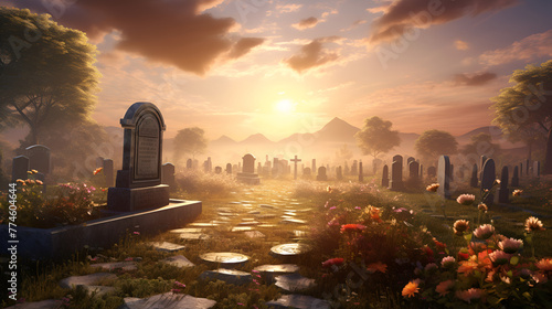 Spring cemetery with graves of man hallowed ground eternal sleep graveyard shift sunlight background
