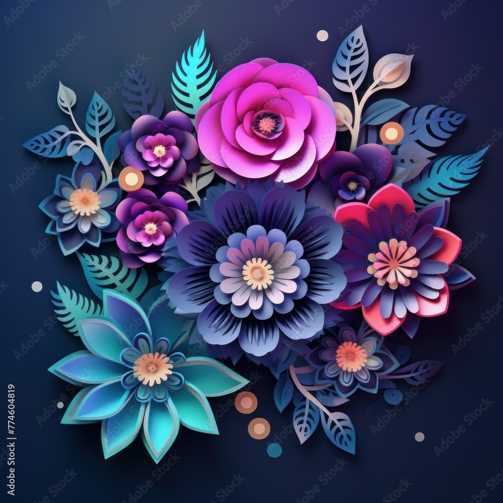 Paper cut floral composition. Flower paper craft style. Mother's day. Women's day. Botanical 8 March. Happy holidays, Greetings, Invitation banner. Pink, blue, purple colors.