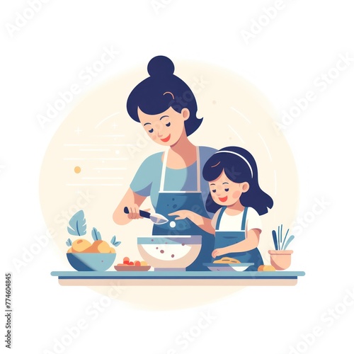 Young family cooking breakfast in their kitchen at home. little kid helping mother cooking. food and domestic life