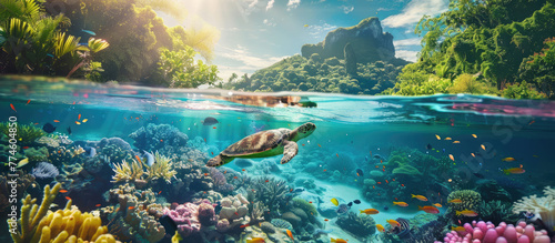 A sea turtle is swimming near an island covered in lush greenery. The sun shines brightly above, casting warm light on everything below the water's surface