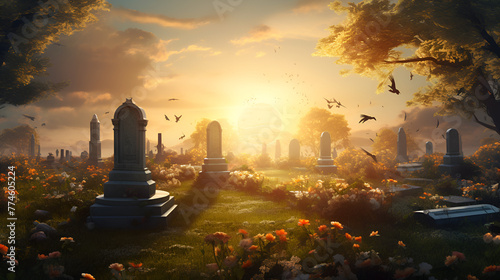 Spring cemetery with graves of man peaceful place eternal rest sunlight background
 photo