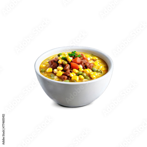 A hearty stew crafted with corn, beans, and meat, displayed against a transparent background