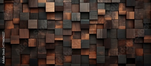 Assorted wooden blocks of different shapes and sizes create a textured wall surface in a close-up shot