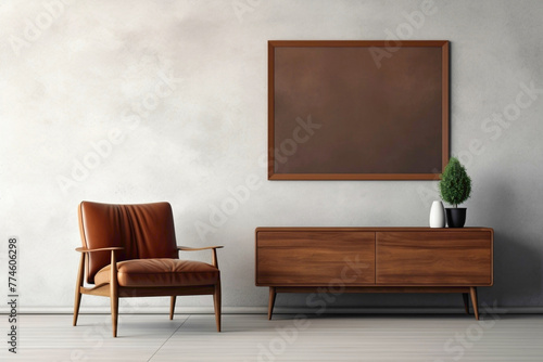 Wooden furniture and mock-up poster frame stand out against textured concrete wall in modern living room design.