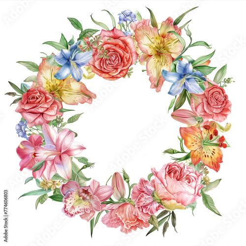 motherday roses, carnations, lilies, orchids, and tulips flower circular wreath, pastel colors on white background