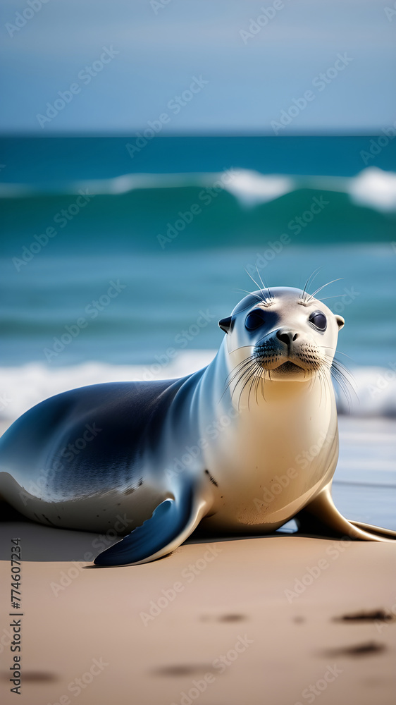 Obraz premium Australian fur seal basking on the rocks by the ocean. Shallow dof with focus to eye only