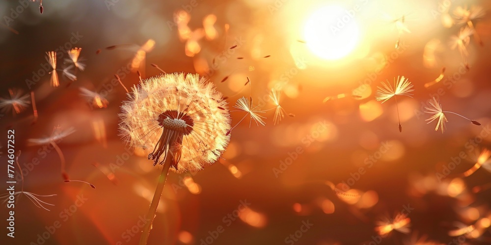 A dandelion releasing its seeds into the air as it is gently blown by the wind during sunset