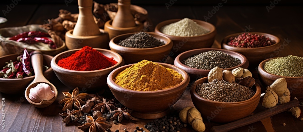 On the wooden table, there are several bowls filled with assorted spices like cinnamon, paprika, turmeric, cumin, coriander, and nutmeg, showcasing a variety of flavors and colors.