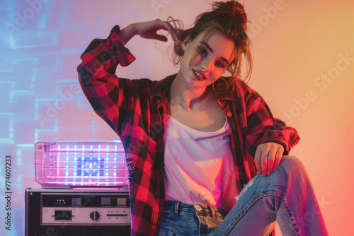 A young woman wearing a vintage flannel shirt and high-waisted jeans, posing in front of a boombox