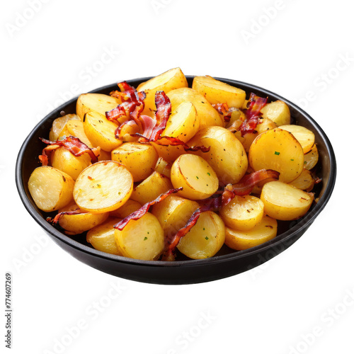 Pan-fried potatoes  frequently prepared with onions and bacon  showcased against a transparent background