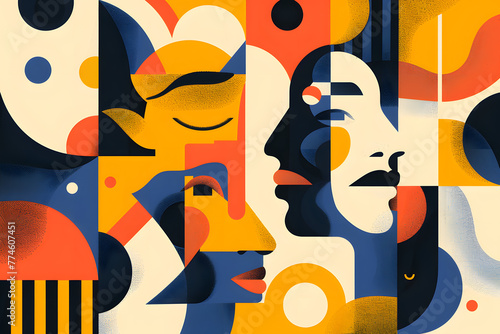 Vibrant abstract painting showcasing people and shapes with expressive faces