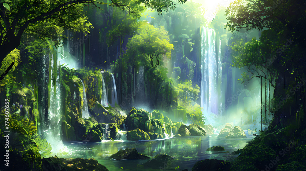 A serene forest waterfall surrounded by lush trees and flowing water