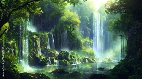 A serene forest waterfall surrounded by lush trees and flowing water © karam