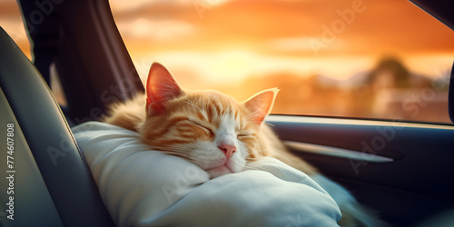 a cat in a car sleeping in a blanket adorable relax journey furry soft sunset background © Hassan