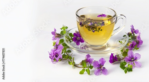 Herbal tea in a transparent cup with flowers on a white background. Copy space.