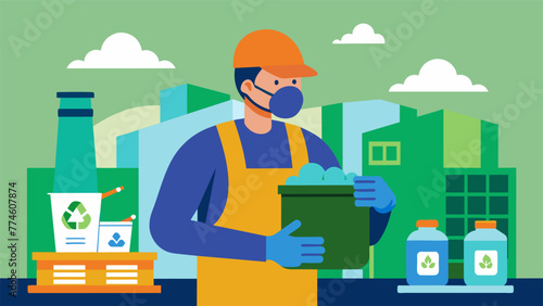 A worker wearing a protective mask and gloves while handling ecofriendly materials and chemicals in the sustainable microfactory.