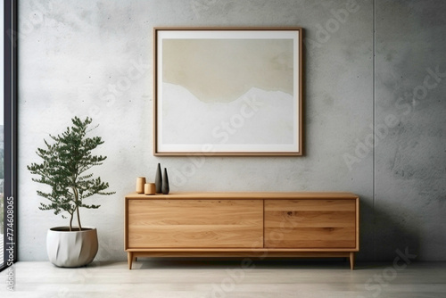 Wooden cabinet, dresser, and mock-up poster frame create focal point against textured concrete wall in modern living room.