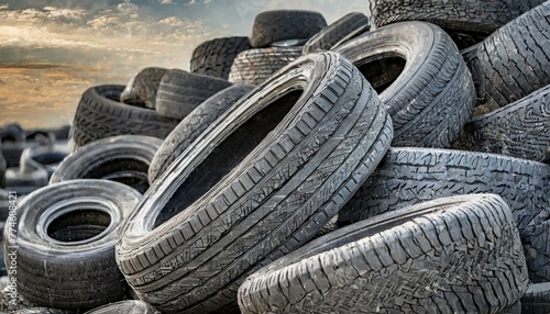 A stack of worn-out tires forms an unstable pile, posing a safety risk