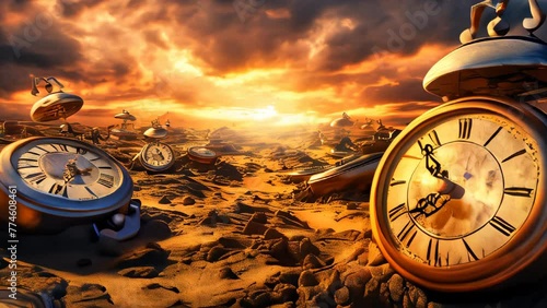 Abstract time related concept with old clocks in the desert photo