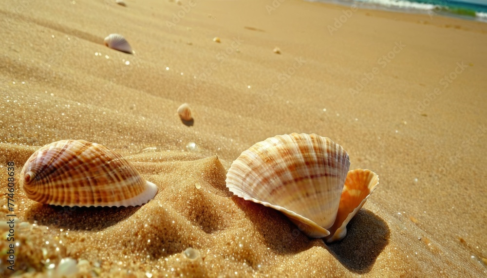 Seashells on the sand on the background of the sea Seashells on the sand on the background of the sea