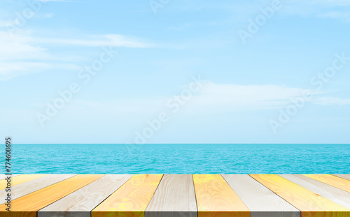 Summer Travel Background, Wood Table on Sea Blue Sky, Top Deck Mockup Product Beauty Cosmetic Presentation, Stage on Water Island at Coast Backdrop Tourism Relax Vacation,Tropical Ocean Space Template