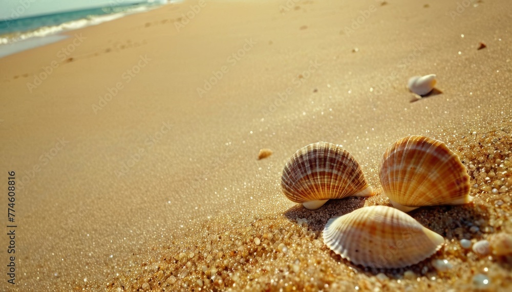 Seashells on the sand on the background of the sea Seashells on the sand on the background of the sea