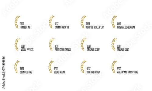Movie technical award nominations and winners - best editing, cinematography, sound, score, song, screenplay, production design - black, golden and white laurel and text vector icon set