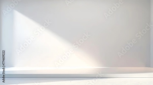 Simple light pearl background for product presentation, with window light gently illuminating the wall and floor. Made with generative AI technology.