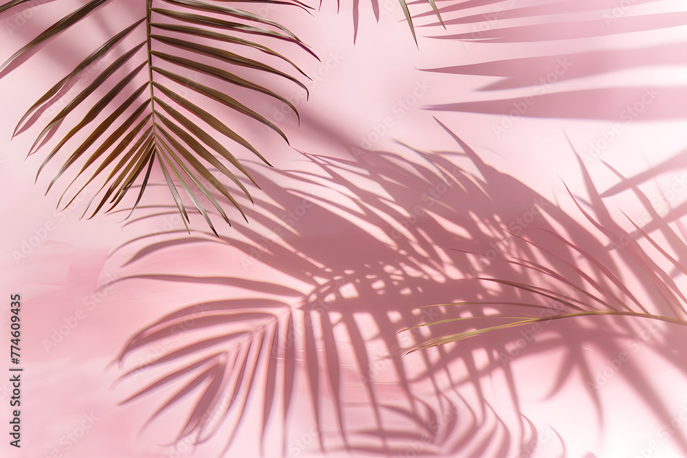 Fototapeta premium Pink 3D studio background with tropical leaves and shadow for product presentation. Empty background with shadows of palm leaves. 3d room with copy space