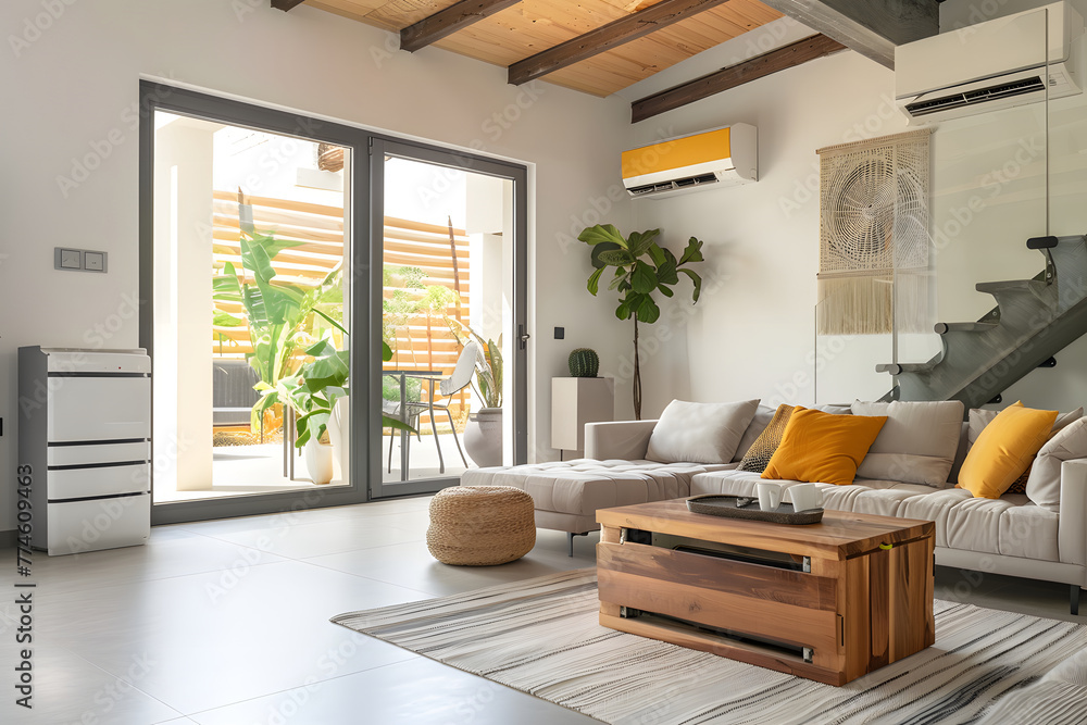 design of a modern apartment with air conditioning, bright apartment with large windows, gray sofa and air conditioning design of a modern apartment with air conditioning, bright apartment with large windows, gray sofa and air conditioning