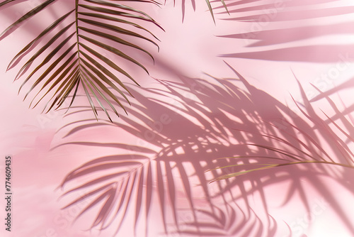 Pink 3D studio background with tropical leaves and shadow for product presentation. Empty background with shadows of palm leaves. 3d room with copy space