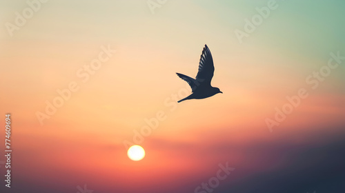 A bird flying in the sky above a beautiful sunset. The bird is silhouetted against the orange and pink sky, creating a sense of freedom and tranquility. The scene evokes a feeling of peace