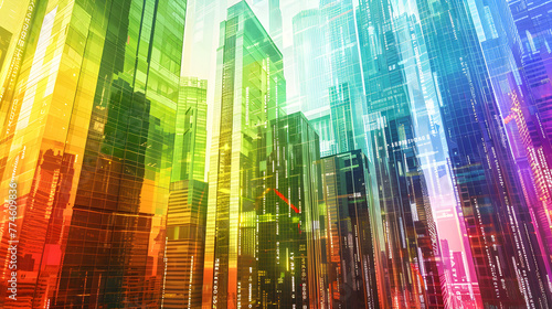 A cityscape with a rainbow of colors and a red arrow pointing to the right. The image is a representation of a futuristic city with tall buildings and a sense of movement