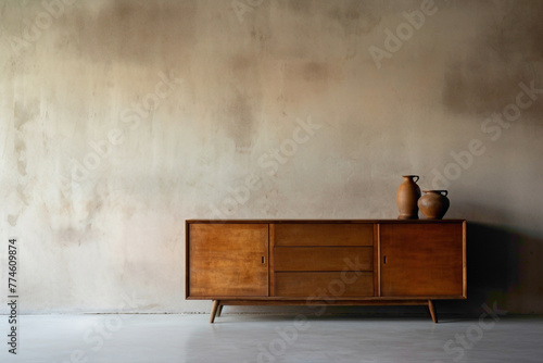 Wooden cabinet and dresser against raw concrete backdrop, awaiting artwork.
