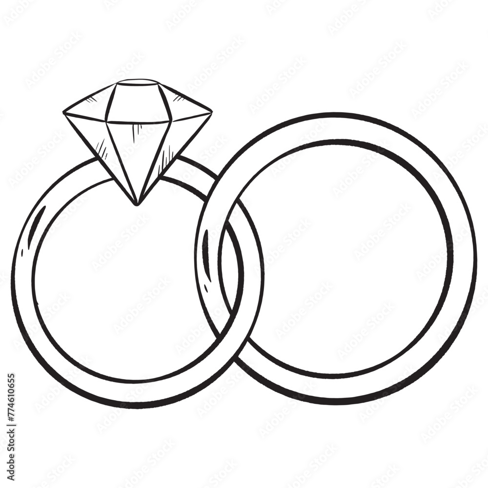 Artistic black and white drawing of two wedding rings with a diamond centerpiece Artistic black and white drawing of two wedding rings with a diamond centerpiece