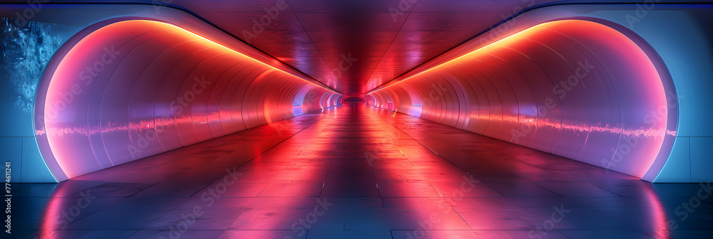 Futuristic Corridor Advanced Architecture in a Sci-Fi Setting,
Tunnel with neon lights and long walkway leading to the end of the tunnel