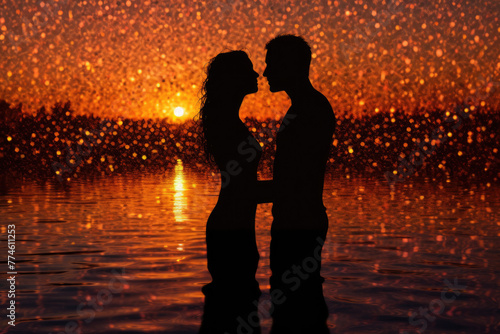 Silhoutte of young couple enjoying their holiday of honeymoon time at the sunrise on water 