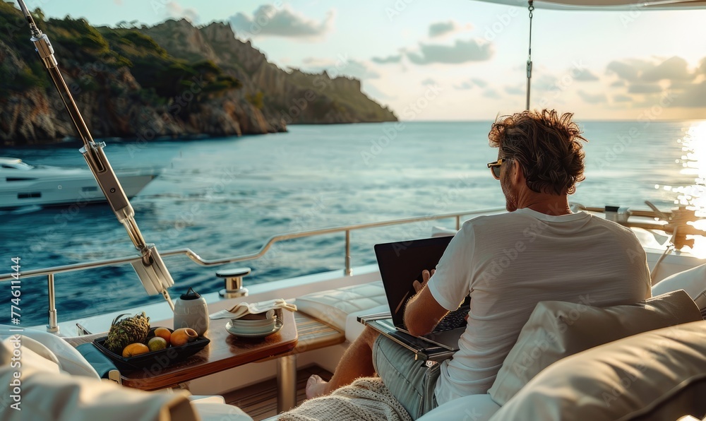 Obraz premium A man working on a laptop sitting on a luxury yacht