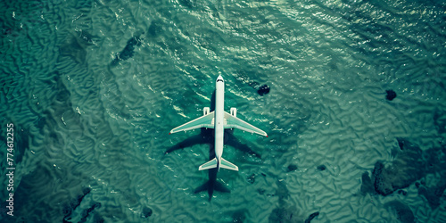 Avião voando sobre um oceano turquesa