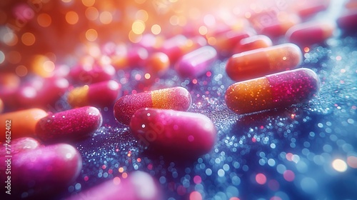 Close-Up of Colorful Medicine Capsules with Shimmering Light