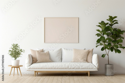 White frame seamlessly integrates with beige and Scandinavian tones, hinting at a modern living room with plain walls, wooden floor, and a potted plant.