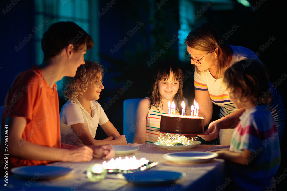 Fototapeta premium Child birthday party cake. Family with kids.