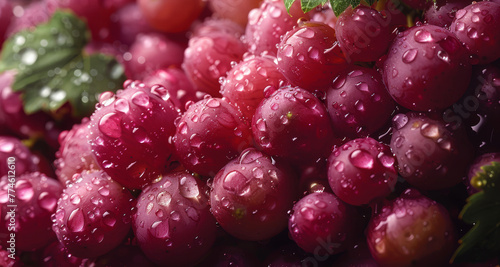  A macro image of a cluster of grapes with water droplets on them, topped by a green leaf