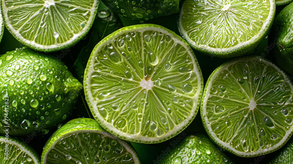 A collection of halved limes adorned with water droplets on one slice A collection of halved limes adorned with water droplets on one slice