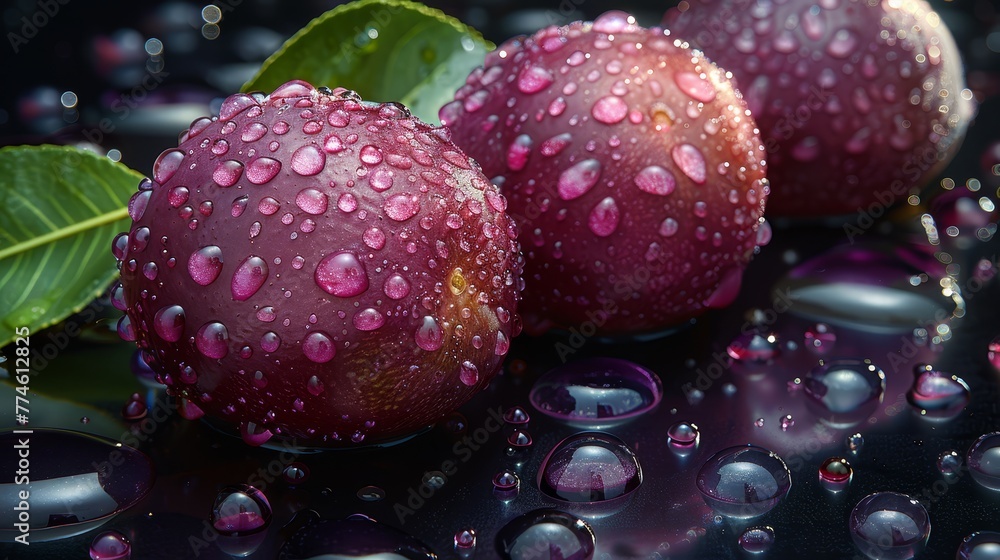 Three plums with water droplets and a green leaf on one Three plums with water droplets and a green leaf on one